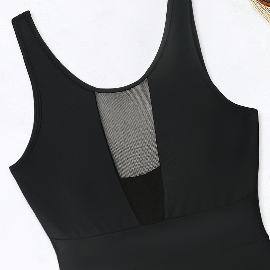 Damen Sportlicher Einteiler mit tiefem V-Ausschnitt und transparenten Mesh-Details Drune