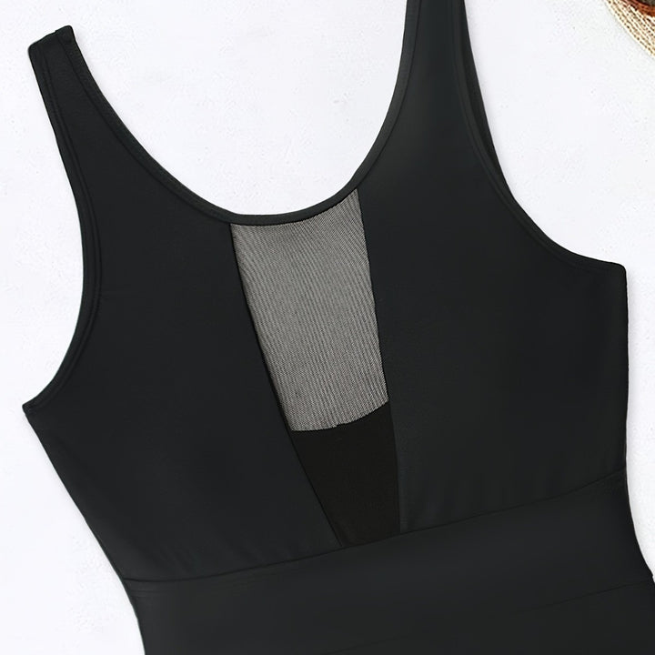 Damen Sportlicher Einteiler mit tiefem V-Ausschnitt und transparenten Mesh-Details Drune