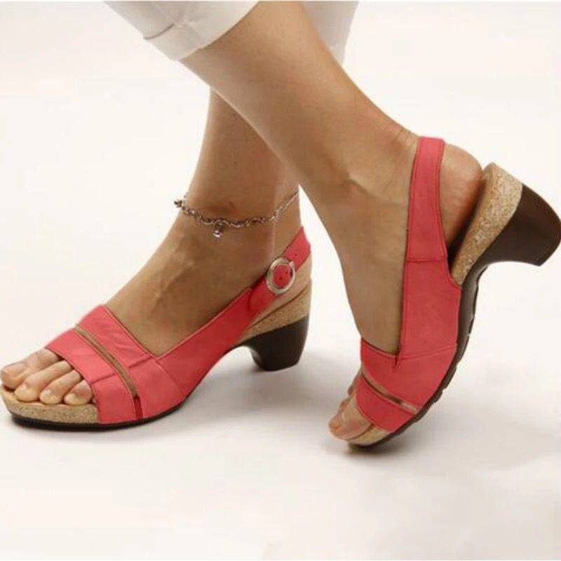 Damen nan Sandalette mit elastischem Fersenriemen ergonomischem Kork-Komfortfußbett und niedrigem geschwungenem Absatz Drune