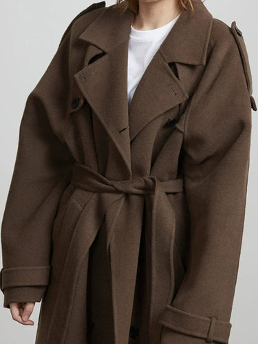 Drune | Damen Langer Mantel – Oversized Schnitt – Wollmischung – Doppelt Knopfverschluss Gürteldesign