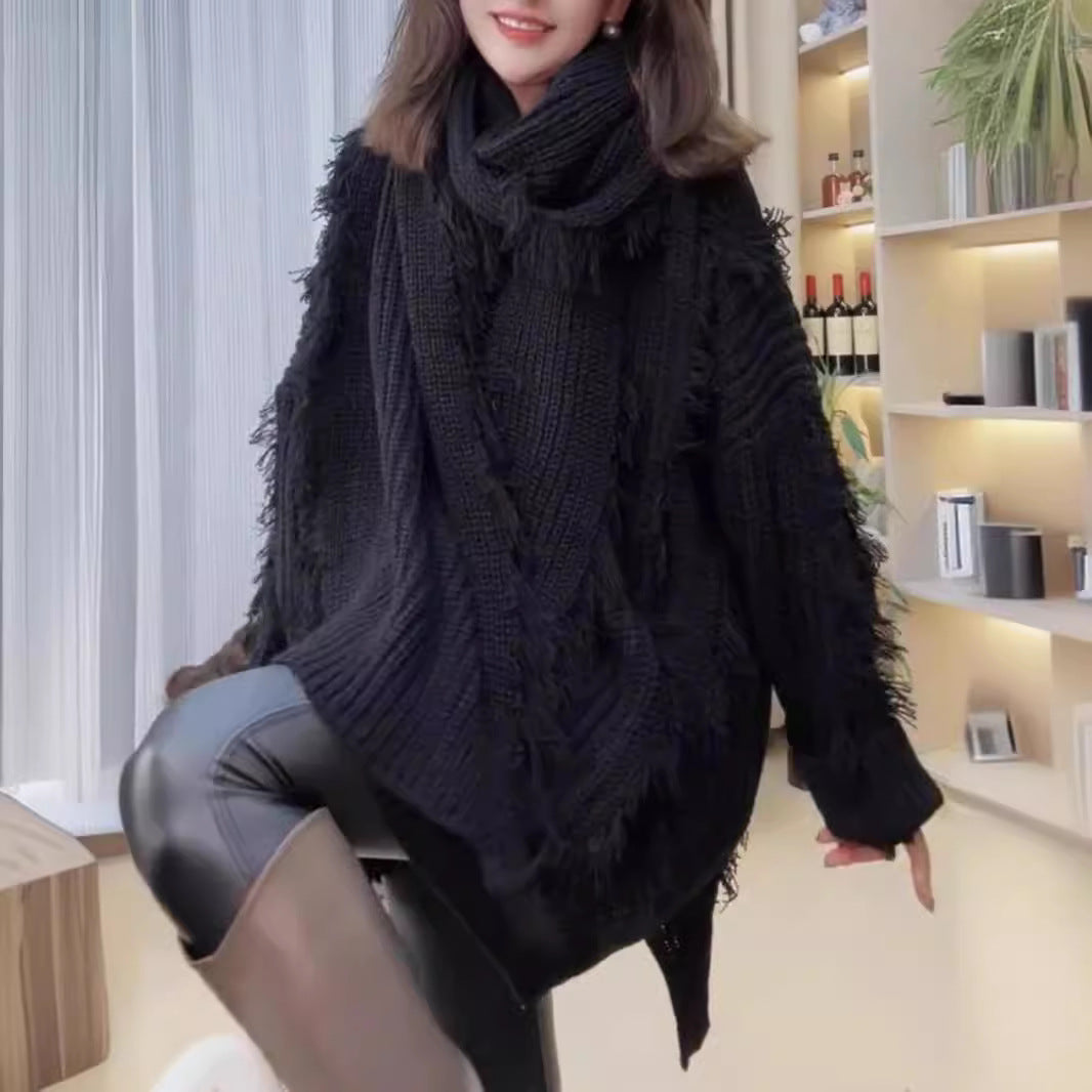 Damen Oversized Strickpullover mit Fransen und V-Ausschnitt Drune