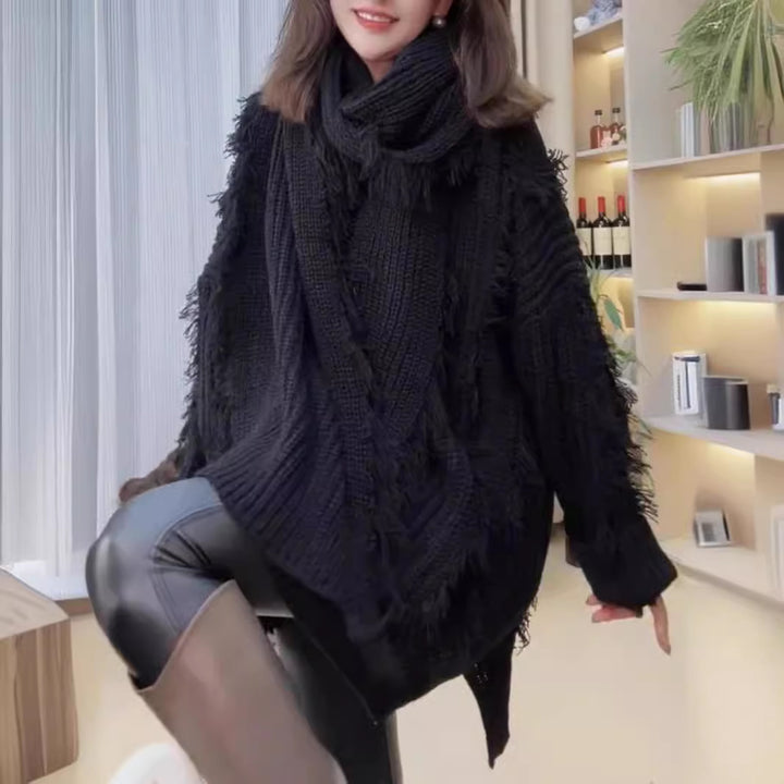 Damen Oversized Strickpullover mit Fransen und V-Ausschnitt Drune