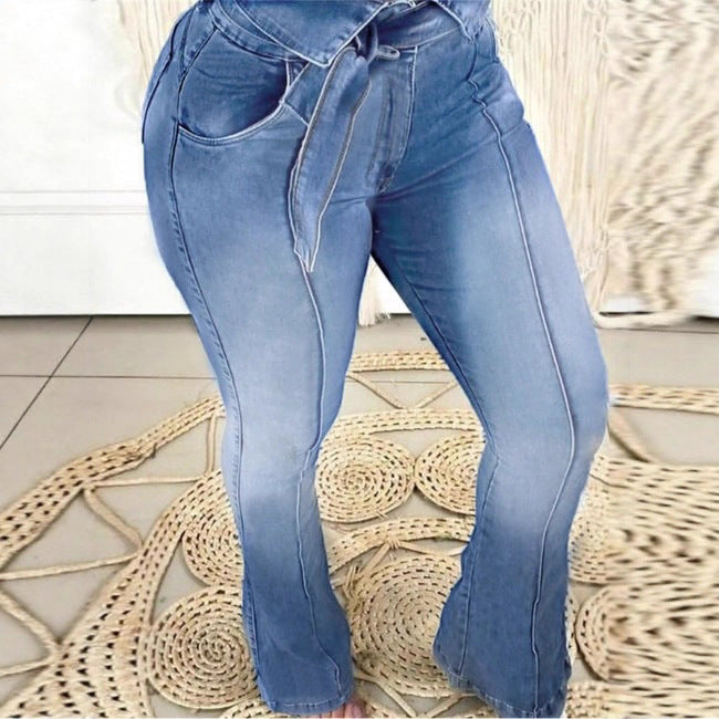 Damen Hochtaillierte Paperbag-Skinny-Jeans mit Bindegürtel und vertikaler Nahtführung Drune