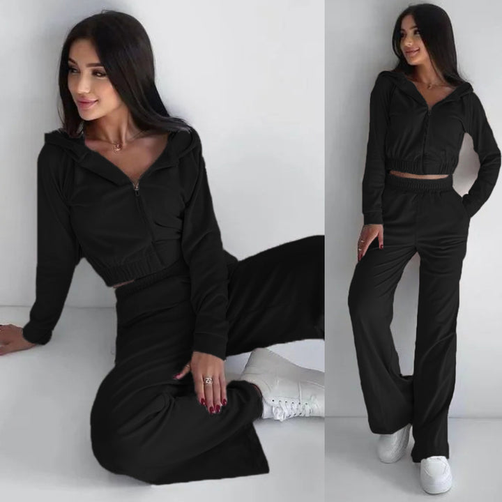 Damen kurz geschnittenes Samt-Lounge-Set mit tailliertem Zip-Hoodie und fließender Highwaist-Palazzohose Drune