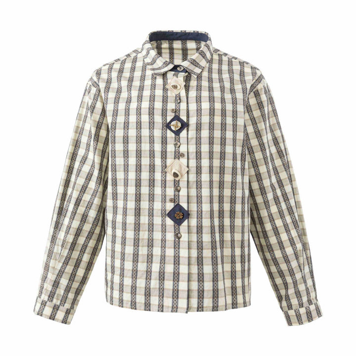 Damen Locker geschnittene Bluse im Vintage‑Karo mit dekorativer Zierknopfleiste Drune