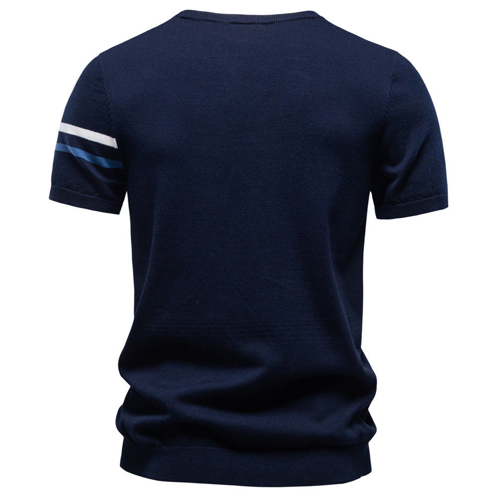 Herren nan feines Baumwollstrickshirt mit Rundhalsausschnitt kurzärmelig und kontrastierenden Ärmelstreifen Drune