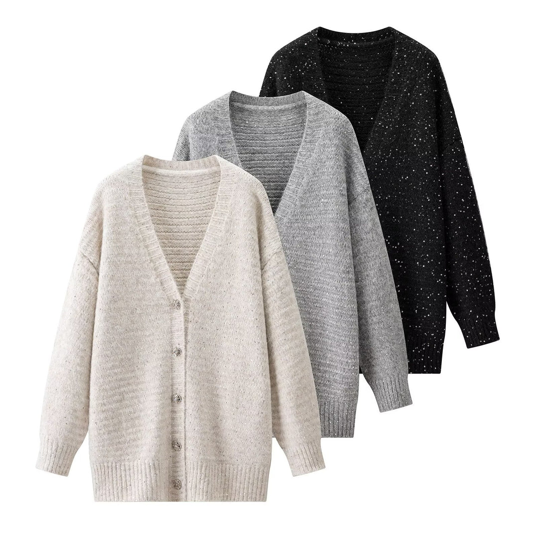 Damen Kuschelige Strickjacke mit V-Ausschnitt und Knopfverschluss Drune