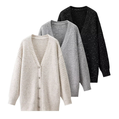Damen Kuschelige Strickjacke mit V-Ausschnitt und Knopfverschluss Drune