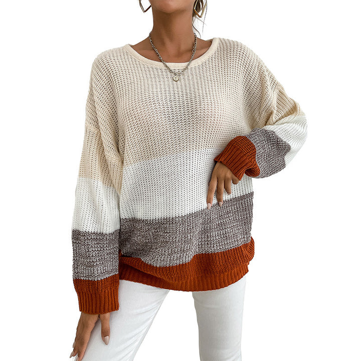 Damen Grobstrick-Colorblock-Pullover, Oversize mit Rundhalsausschnitt und verlängerten Ärmelbündchen Drune