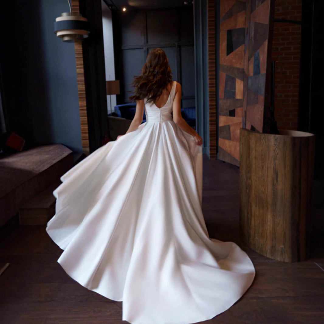 Damen elegantes Hochzeitskleid mit tiefem V-Ausschnitt und seitlichem Schlitz Drune