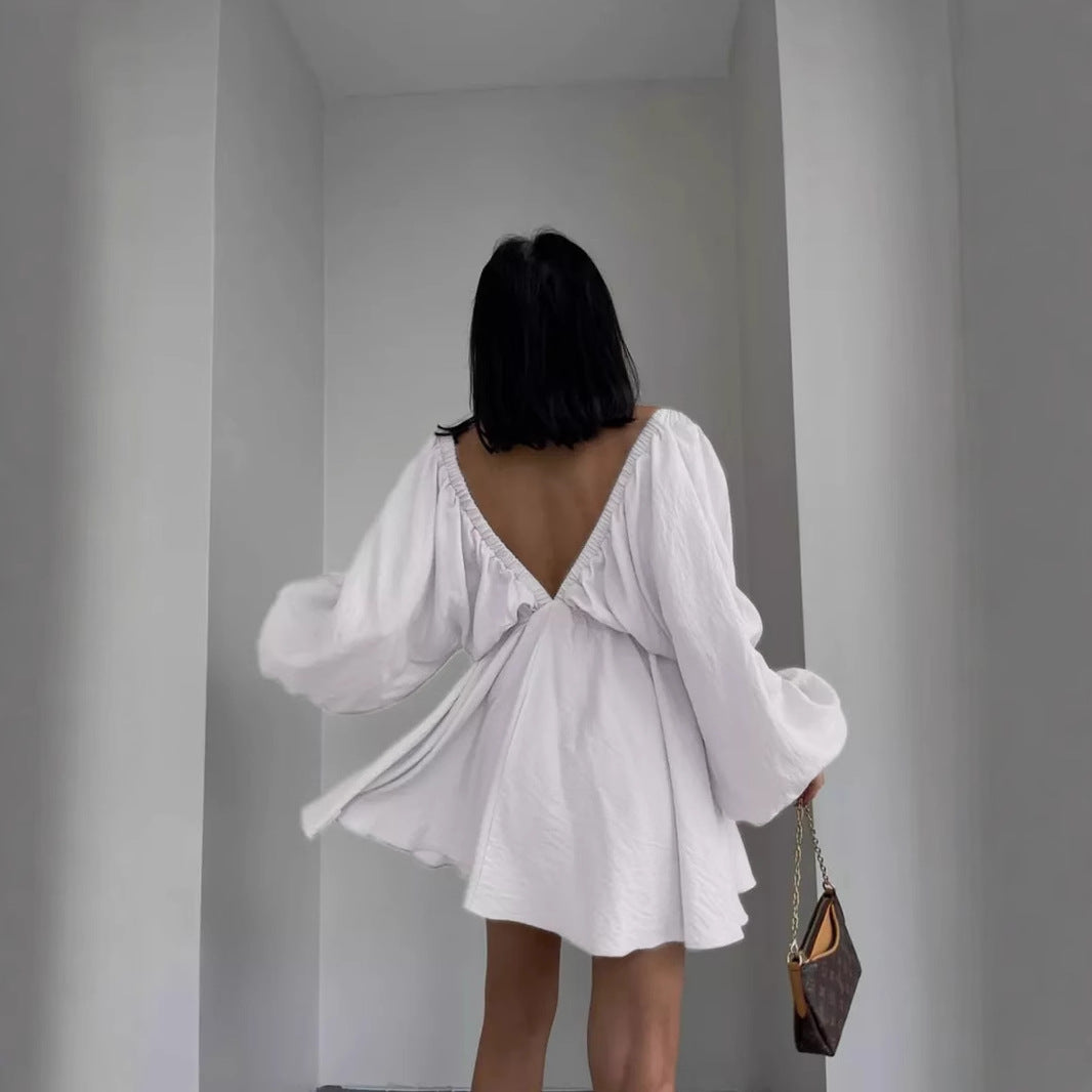 Damen lässiges Babydoll-Kleid mit schulterfreiem Ausschnitt und langen Puffärmeln Drune