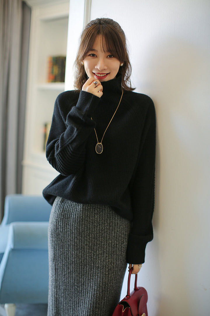 Damen Rollkragenpullover aus feinem Rippstrick mit Raglanärmeln und legerer Silhouette Drune