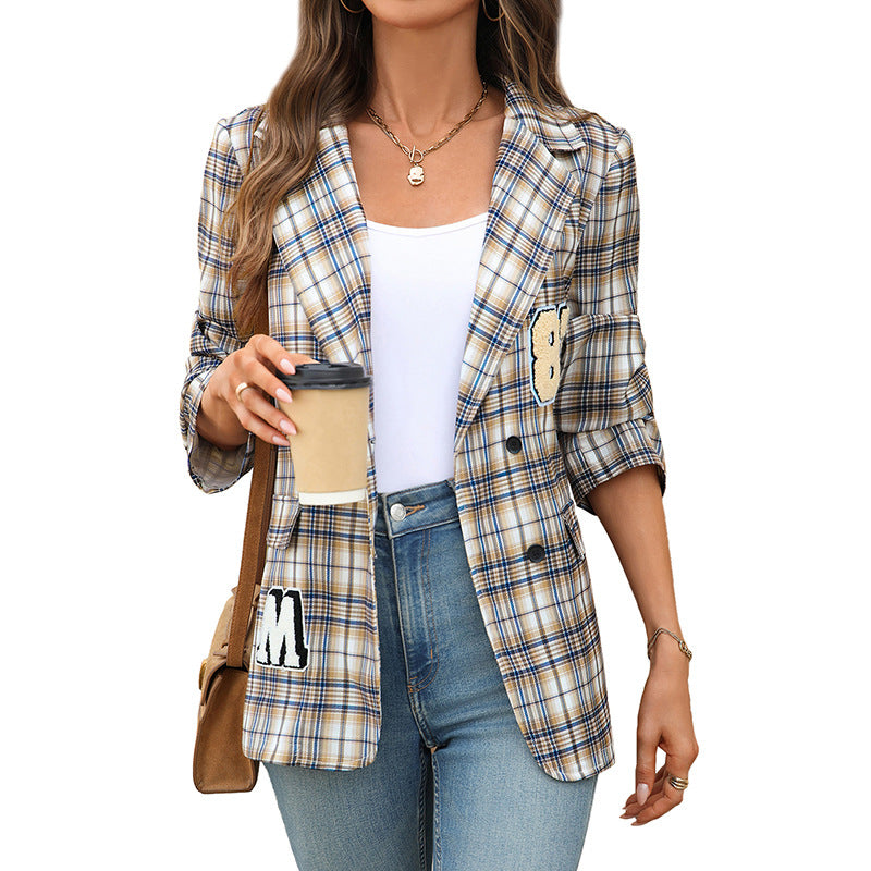 Damen Karierter Blazer mit Stickdetails Drune