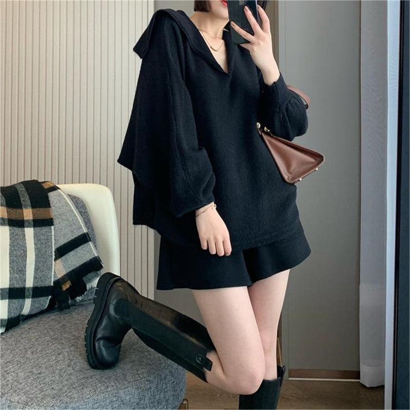 Damen Oversized Strickpullover mit lässigem V-Ausschnitt und Kapuze Drune
