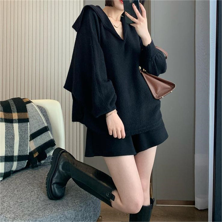 Damen Oversized Strickpullover mit lässigem V-Ausschnitt und Kapuze Drune