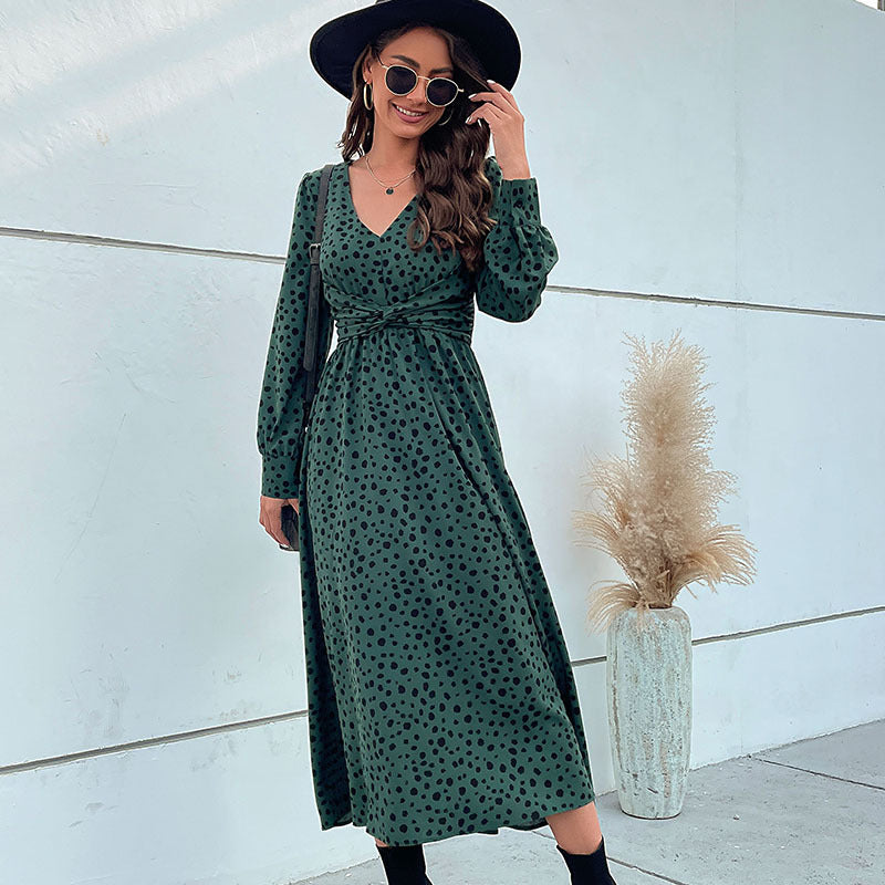 Damen Midikleid im Retro-Pünktchen-Design mit Wickeloptik, V-Ausschnitt und tailliertem Bindegürtel Drune