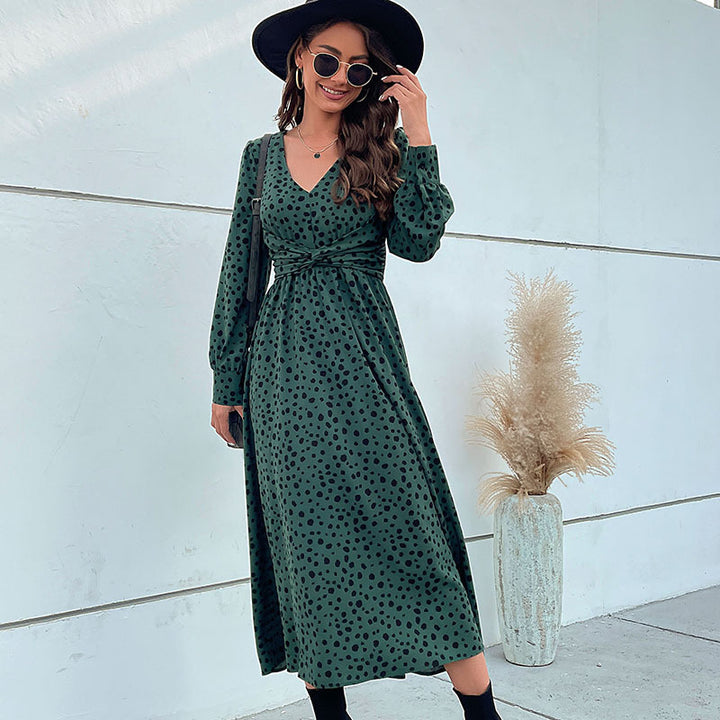 Damen Midikleid im Retro-Pünktchen-Design mit Wickeloptik, V-Ausschnitt und tailliertem Bindegürtel Drune