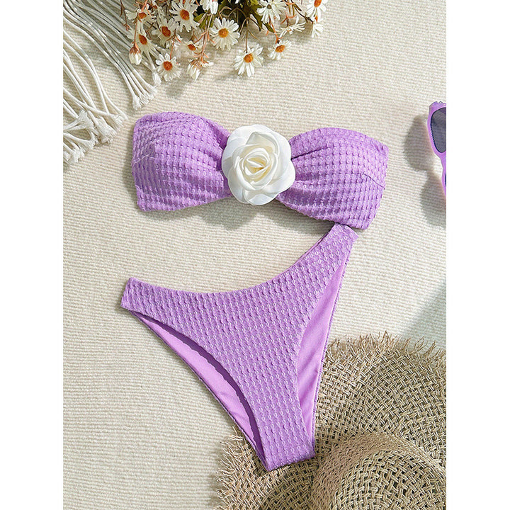 Damen Bandeau-Bikini Set mit elegantem Blumenschmuck und hohem Beinausschnitt Drune