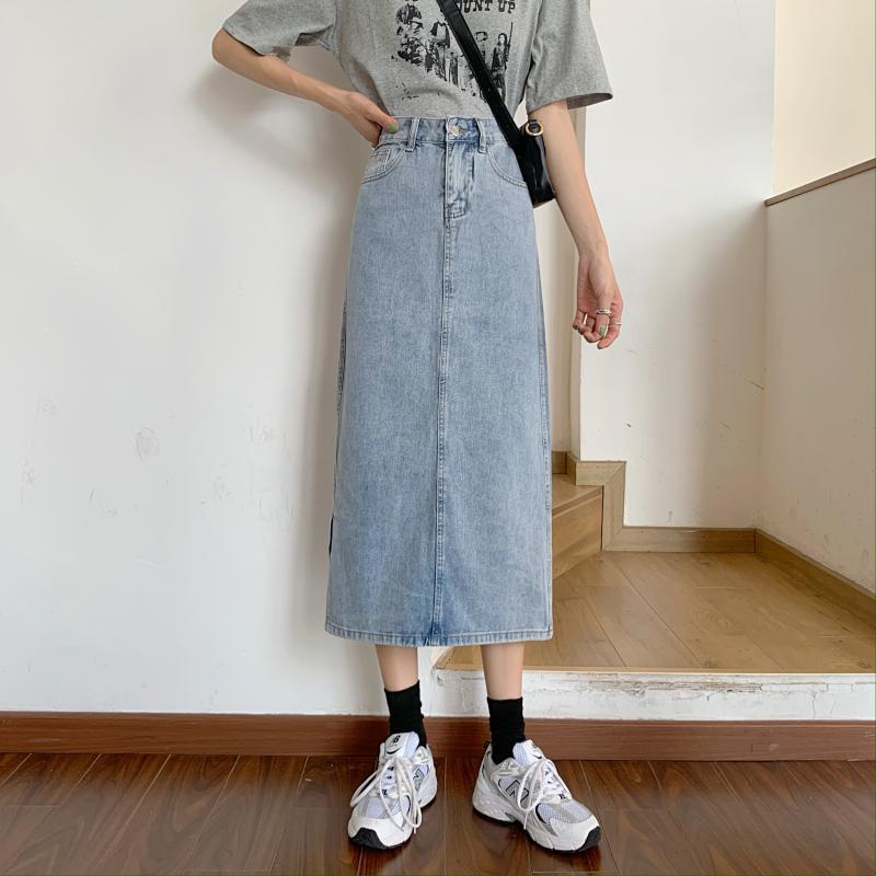 Damen Langer Denim-Rock mit schickem Schlitz Drune