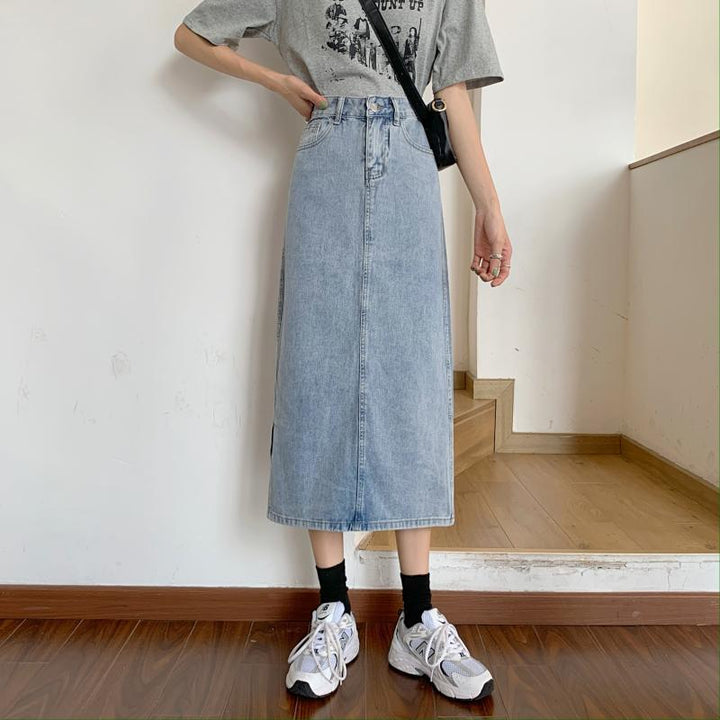 Damen Langer Denim-Rock mit schickem Schlitz Drune