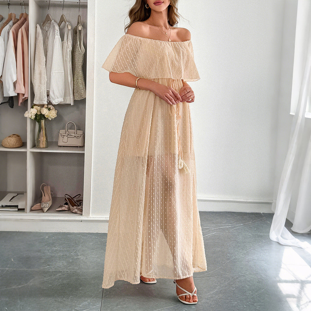 Damen Off-Shoulder Maxikleid mit feinem Punktedesign und Taillenbindung Drune