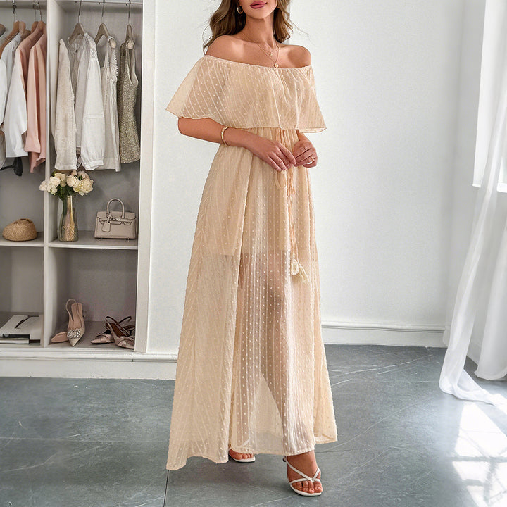 Damen Off-Shoulder Maxikleid mit feinem Punktedesign und Taillenbindung Drune