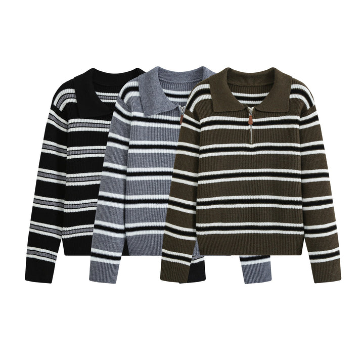 Damen Gestreifter Troyer-Pullover mit Reißverschluss und Polokragen Drune
