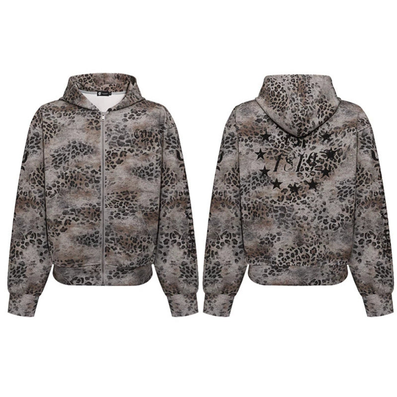 Damen Kapuzen-Sweatjacke mit durchgehendem Reißverschluss und Allover-Leopardenprint Drune