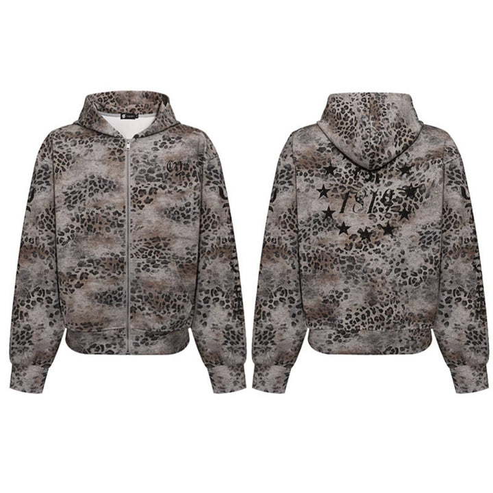 Damen Kapuzen-Sweatjacke mit durchgehendem Reißverschluss und Allover-Leopardenprint Drune