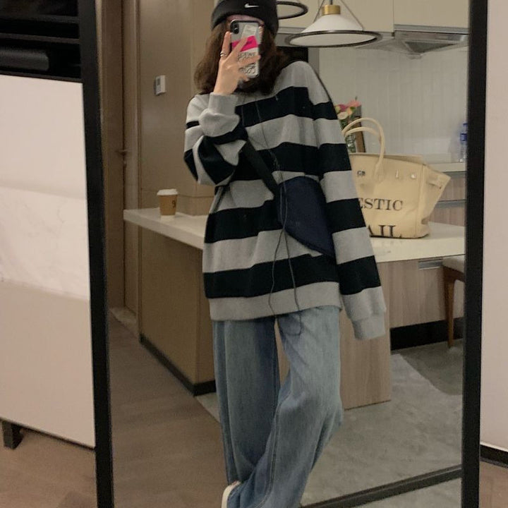 Damen lässiger Strickpullover mit breiten Streifen und gemütlichem Oversized-Schnitt
