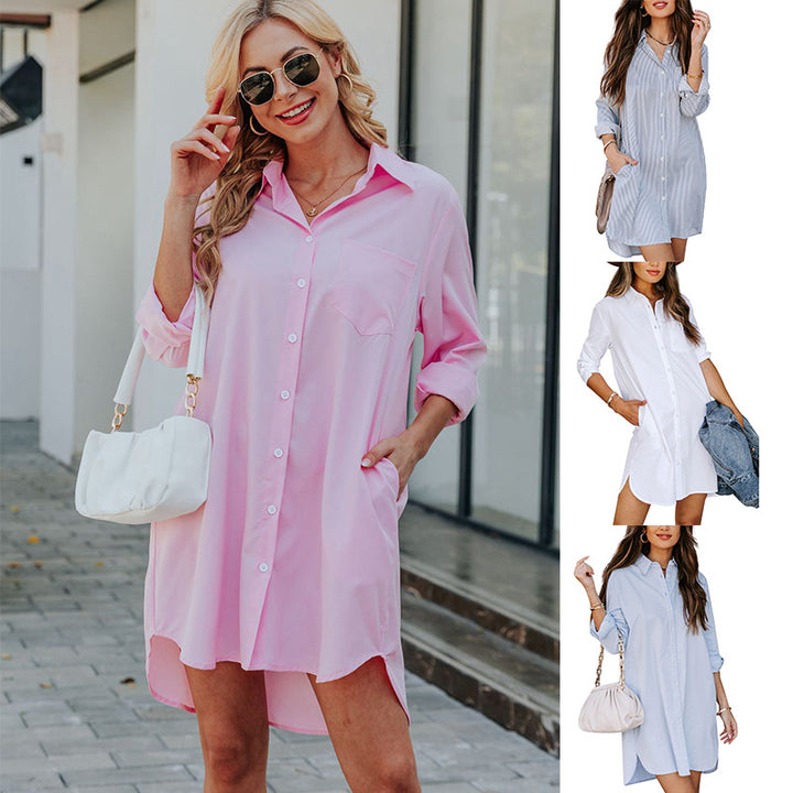 Damen Hemdblusenkleid mit praktischen Taschen und abgerundetem Saum Drune