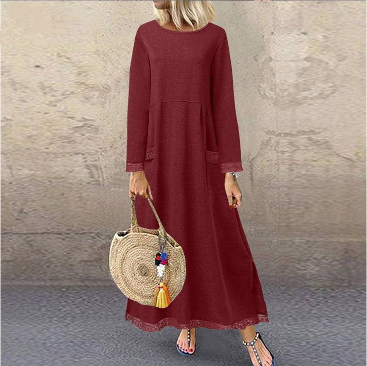 Damen nan Maxikleid mit lockerem A‑Linien Schnitt, Rundhalsausschnitt, aufgesetzten Eingrifftaschen und zierlichem Spitzenbesatz Drune