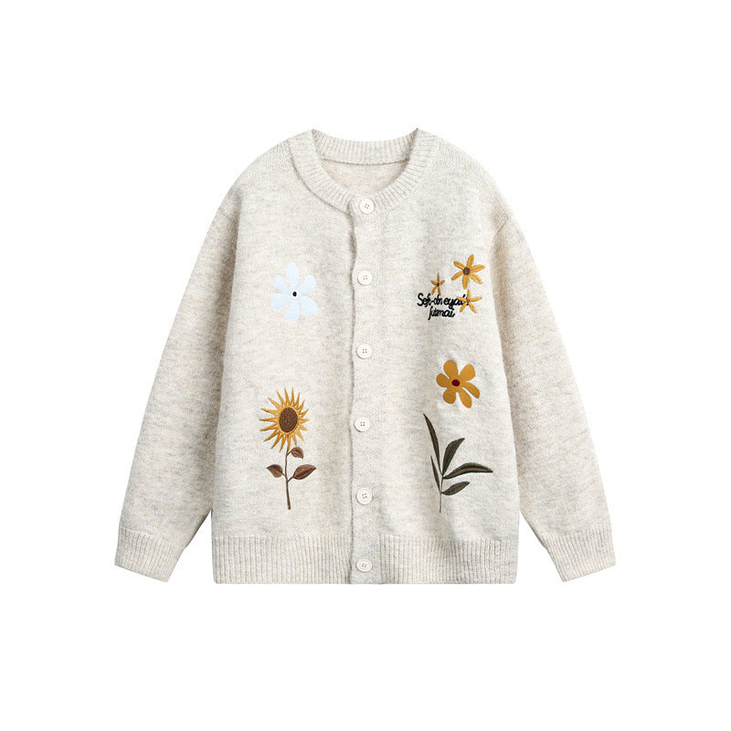 Damen Strick-Cardigan mit Blumenstickerei, Rundhalsausschnitt und Knopfleiste Drune