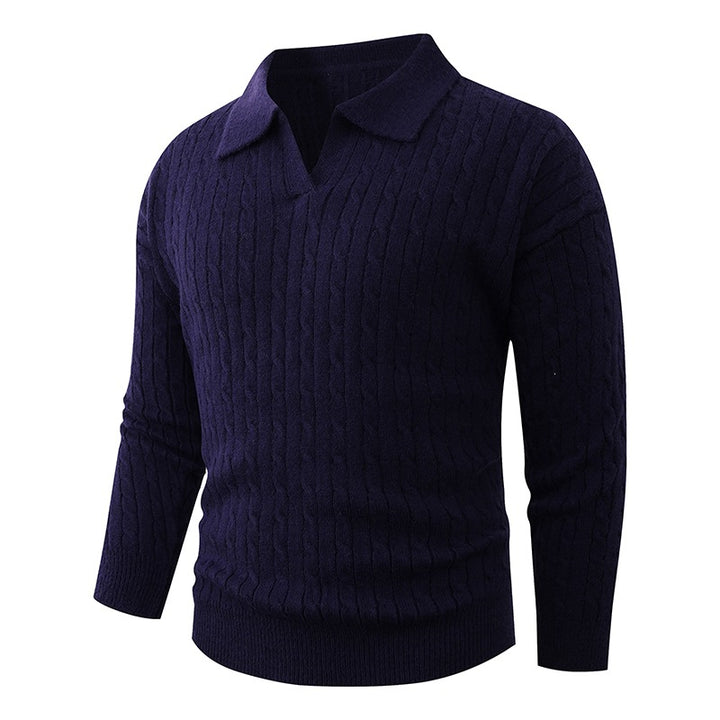Herren Kabelstrick-Polo-Pullover mit V-Ausschnitt und Zopfmuster Drune