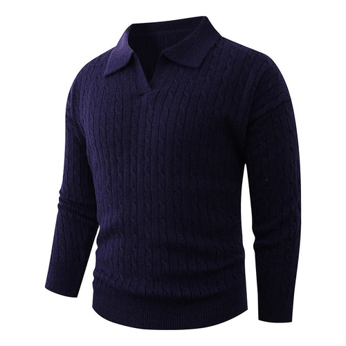 Herren Kabelstrick-Polo-Pullover mit V-Ausschnitt und Zopfmuster Drune
