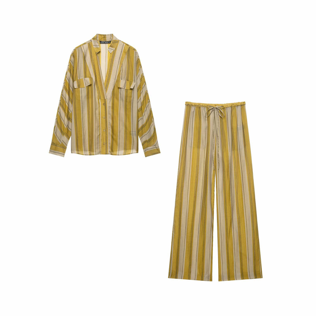 Damen Gestreiftes Lounge-Zweiteiler mit Oversize-Hemd und weiten Tunnelzug-Hosen Drune
