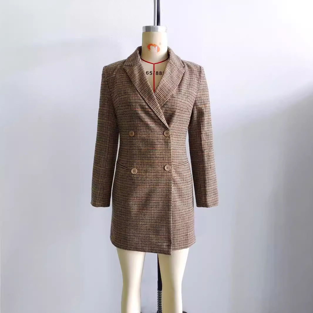 Damen nan taillierter zweireihiger Longblazer mit Glencheck-Struktur, Schalkragen und Pattentaschen Drune