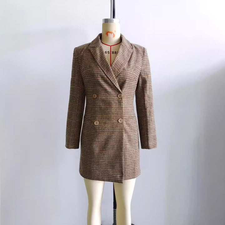 Damen nan taillierter zweireihiger Longblazer mit Glencheck-Struktur, Schalkragen und Pattentaschen Drune