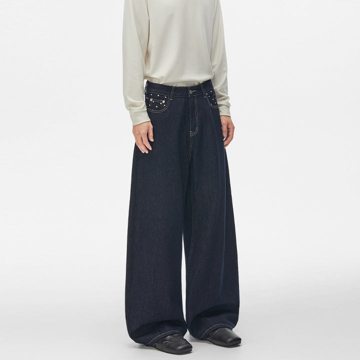 Unisex Ultraweite Palazzodenim-Hose mit Nietenbesetzten Eingrifftaschen und bodenlangem Saum Drune