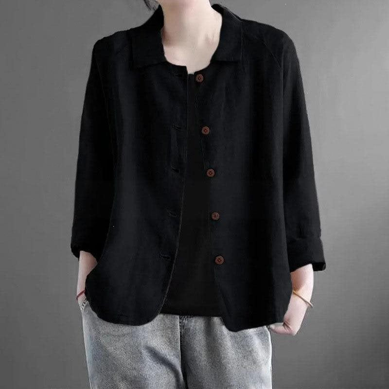 Damen Oversized Leinen-Hemdjacke mit Hemdkragen, 3/4-Ärmeln und durchgehender Knopfleiste Drune
