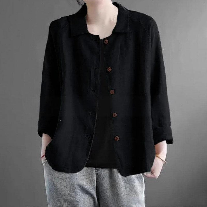 Damen Oversized Leinen-Hemdjacke mit Hemdkragen, 3/4-Ärmeln und durchgehender Knopfleiste Drune