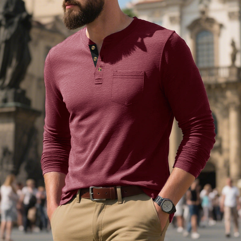 Herren nan schmal geschnittenes Henleyshirt mit Brusttasche und kontrastierender Knopfleiste Drune