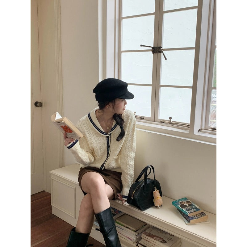 Damen elegante Strickjacke mit klassischem Schalkragen Drune