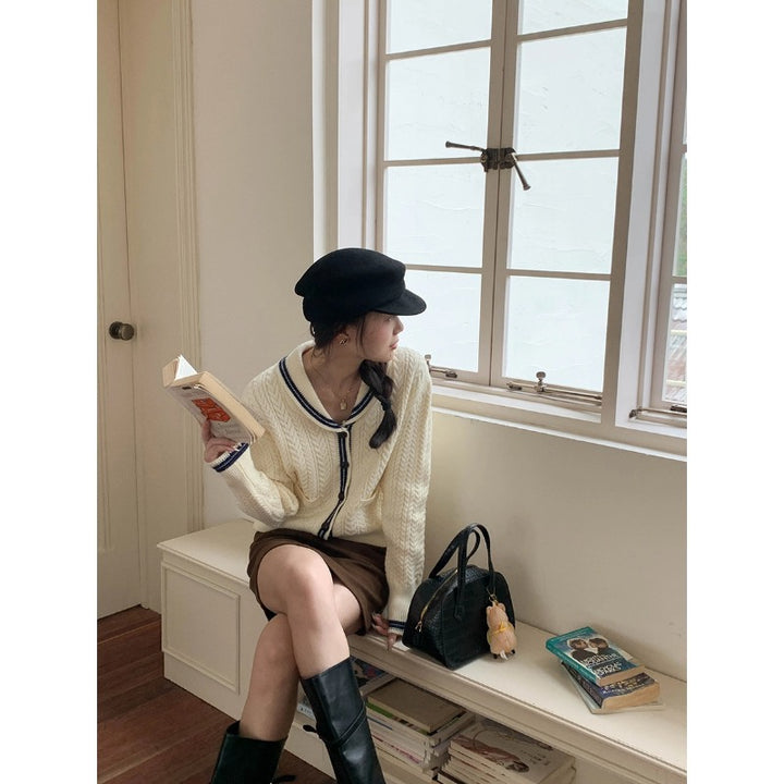 Damen elegante Strickjacke mit klassischem Schalkragen Drune