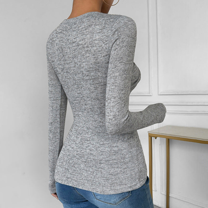 Damen Enganliegendes Langarm-Rippshirt mit Frontknoten und Rundhalsausschnitt Drune