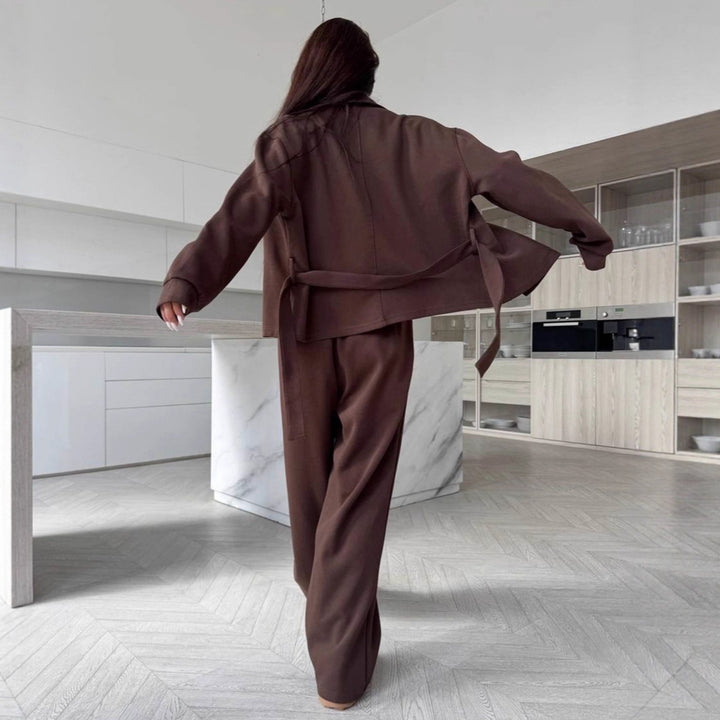 Damen Zweiteiliges Loungewear-Set mit tailliertem Blouson, Bindegürtel und weiter Palazzo-Hose Drune