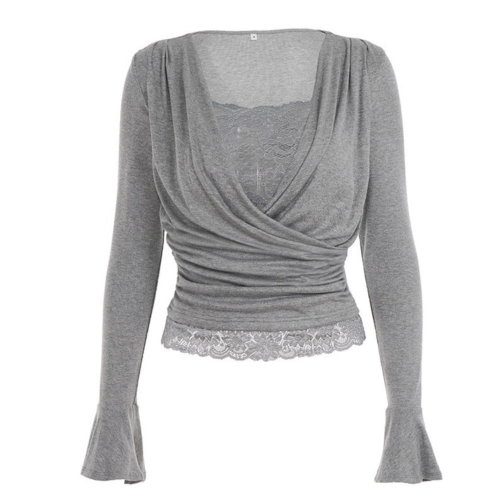 Damen Wickel-Top mit tiefem V‑Ausschnitt, Raffung und Spitzenbesatz Drune
