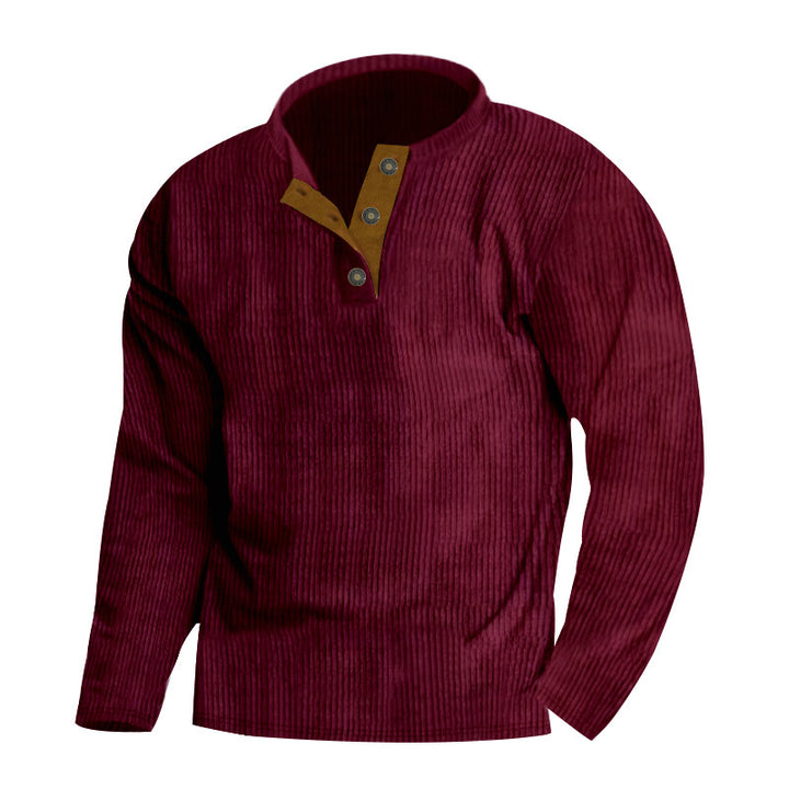 Herren nan gerippter Henley-Pullover mit kurzem Knopfkragen und kontrastierter Veloursbesatz Drune