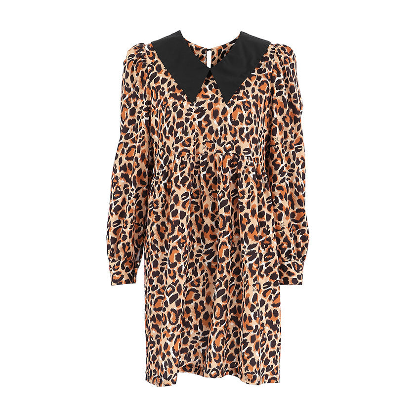 Damen Minikleid mit Leo-Print und auffälligem Kragen Drune