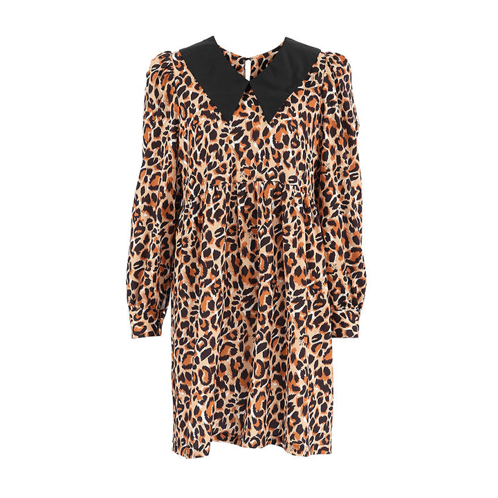 Damen Minikleid mit Leo-Print und auffälligem Kragen Drune